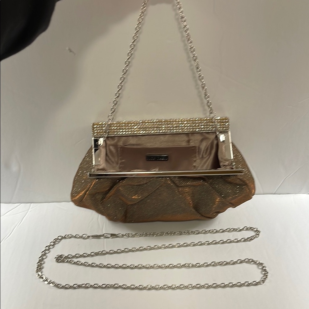 Mon Cheri Brown and Gold Pleated Clutch / Purse with Rhinestone Closure - Picture 6 of 16